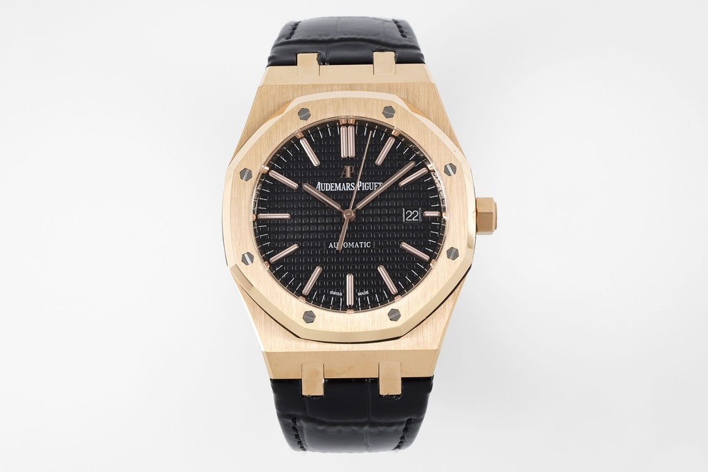 Royal Oak 15400, 41mm, Rose Gold, Black Textured Dial on Black Leather Strap