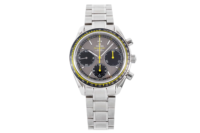 Omega HRF Speedmaster Racing Chronograph 40 Yellow Hands Gray Dial Black Tachymeter Bezel on SS Bracelet C3330