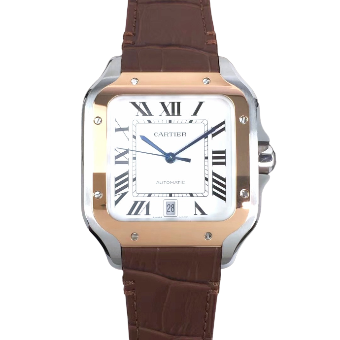 Santos de Cartier, 40mm, V6F, White Dial RG Bezel on Brown Leather Strap, MIYOTA 9015