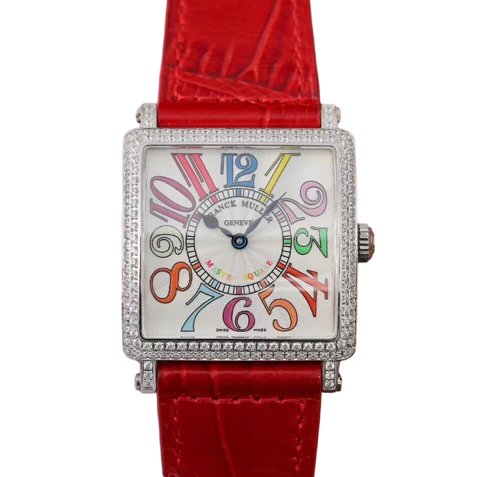 Master Square SS Ladies GF White Color Markers Dial Diamonds Bezel on RedLeather Strap Swiss Quartz