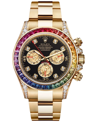 Daytona 116598, King Factory, Rainbow Diamonds, YG Bezel, Black Dial on YG Bracelet, Asia 7750